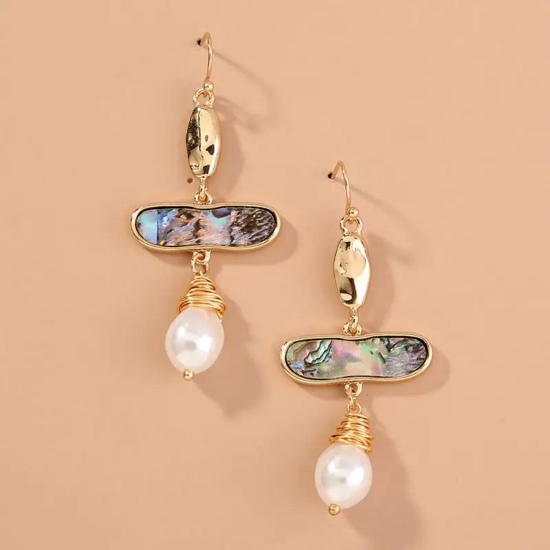 Vintage Style Geometric Bohemian Abalone Shell Pearl Pendant Earrings Accessories Wholesale
