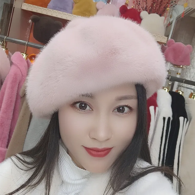 Manufacturers Wholesale Unisex Octagonal Hat Black Beret with Winter Tide Display Imitation Mink Hair with Small Bud for Fishing