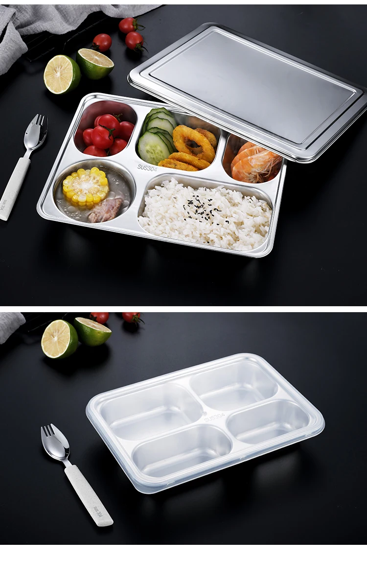 Hot sale serving dinner set metal stainless steel compartment plates 5 compartment food tray with PP lid