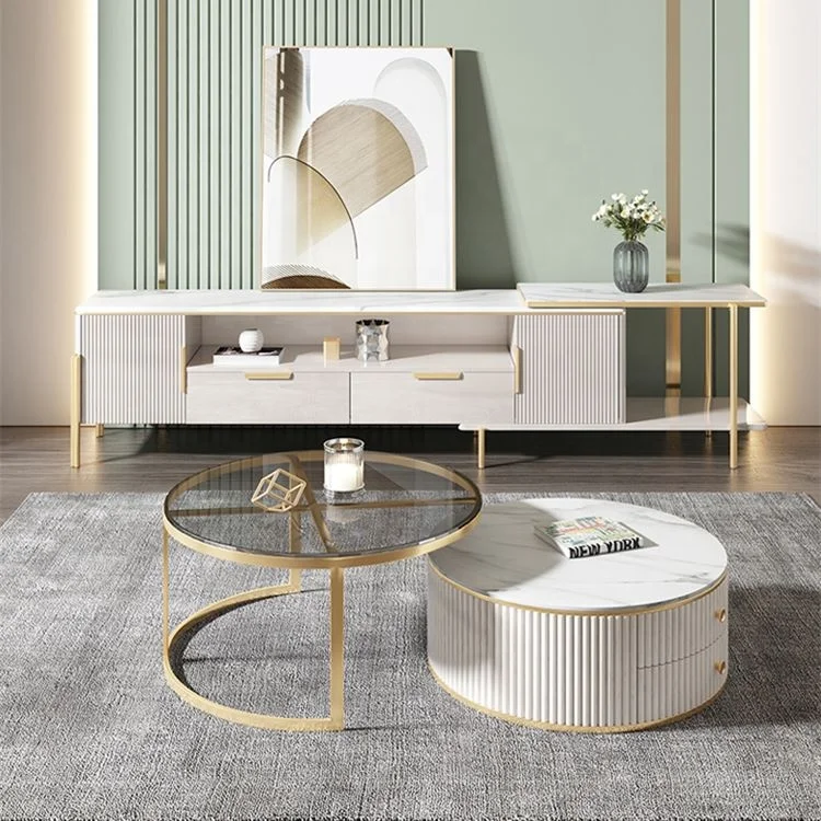 Foshan factory Living room furniture sets metal center coffee tables with drawer modern luxury glass coffee table and tv stand