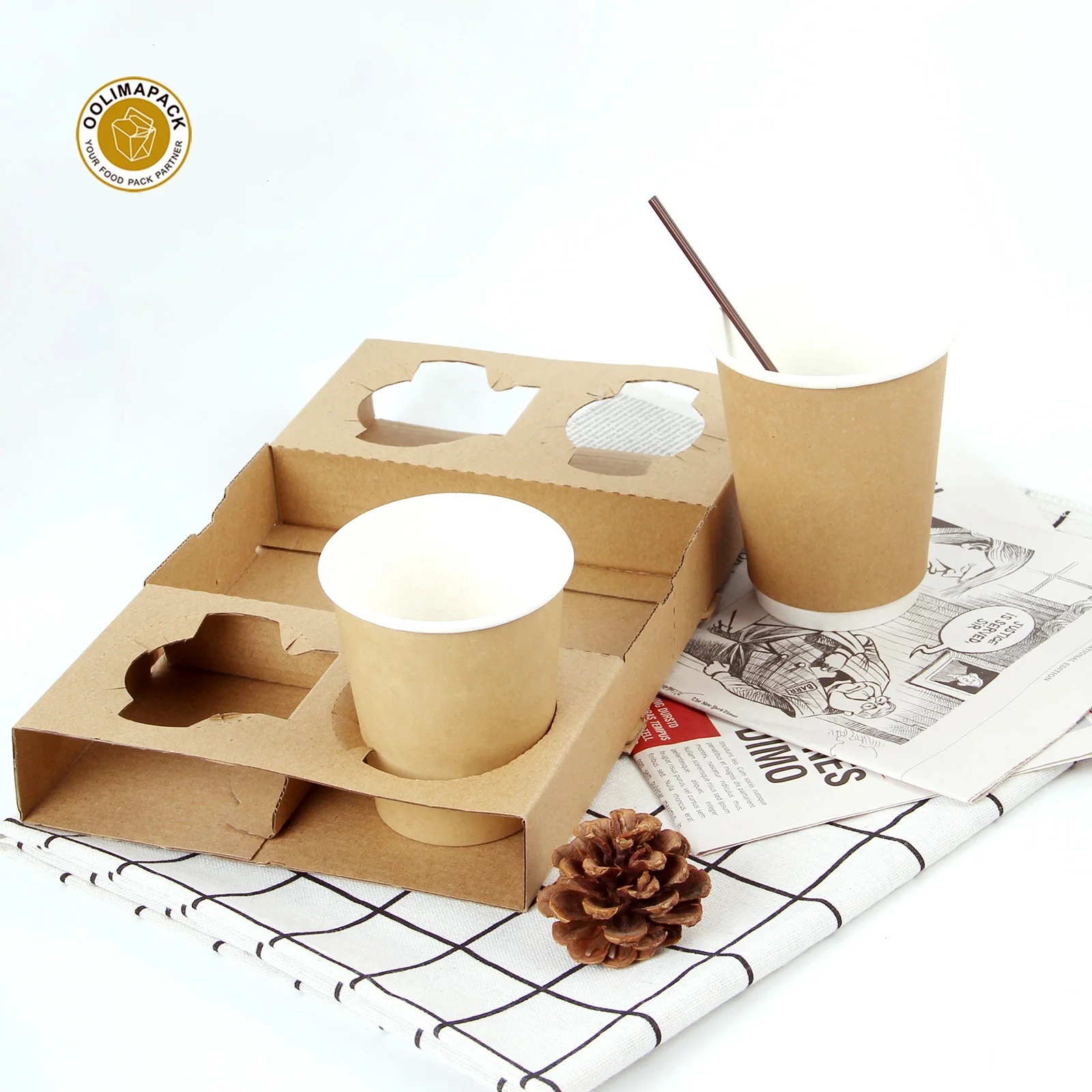 Одноразовая переноска для чашек с ручкой, пользовательский Модный пищевой сертифицированный Компостируемый портативный дорожный держатель для кофейника, подставка для чашек