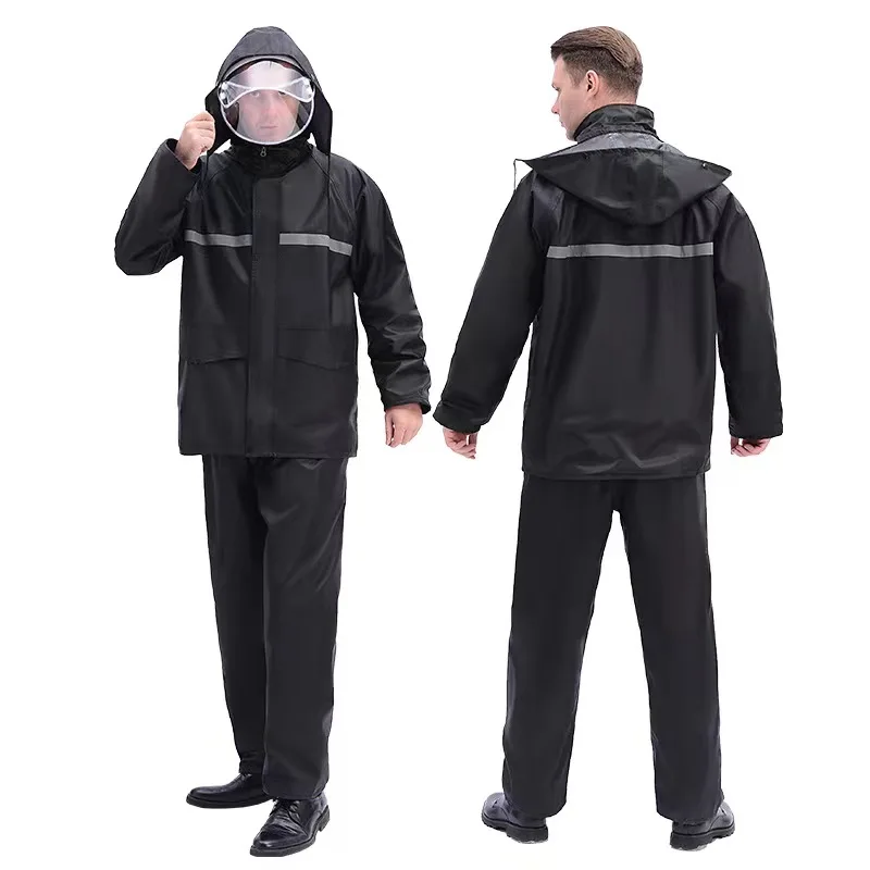 Black Fashion Adult Waterproof Raincoat Set Women Men Rain Coat Hooded for Outdoor Hiking Travel Fishing Climbing Thickened