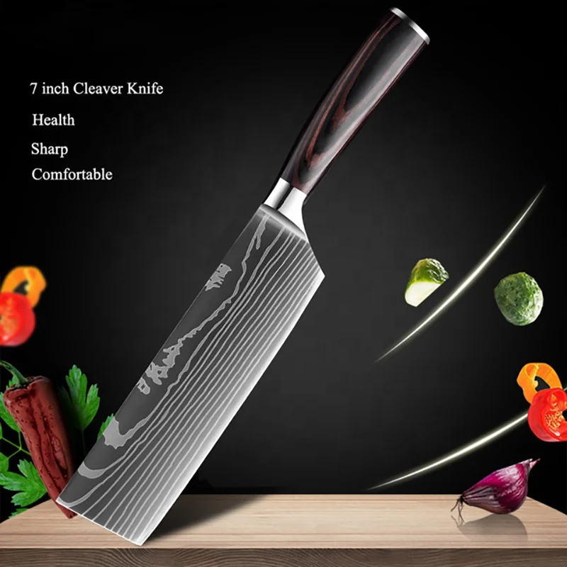 Kitchen accessories 5cr15 stainless steel damascus pattern kitchen chef knife kitchen knives set with colored wood handle