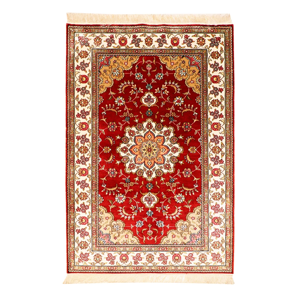 Yuxiang 3x5ft Red Rose Pattern Hand Knotted Silk Carpet 100% Natural Tabriz Rug Handmade Persian Carpet