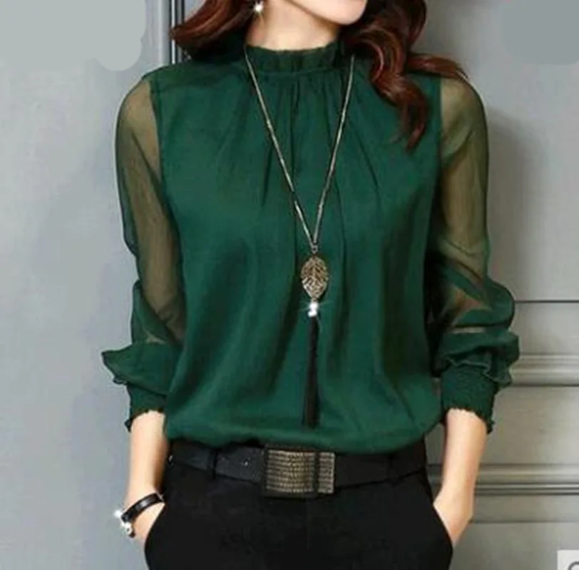 Chiffon Blouse New Women Tops Long Sleeve Stand Neck Work Wear Shirts Elegant Lady Casual Blouses