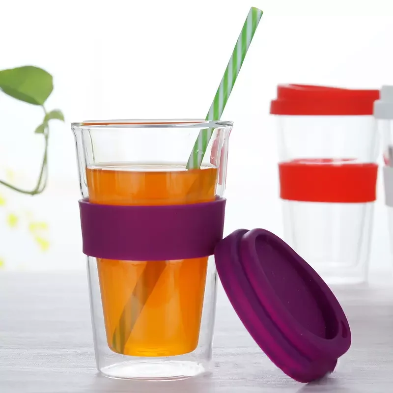 Glass Double Wall Tumbler Mug with Silicone Sealed Lid and Sleeve High Borosilicate Glass Portable cup for Coffee or Boba
