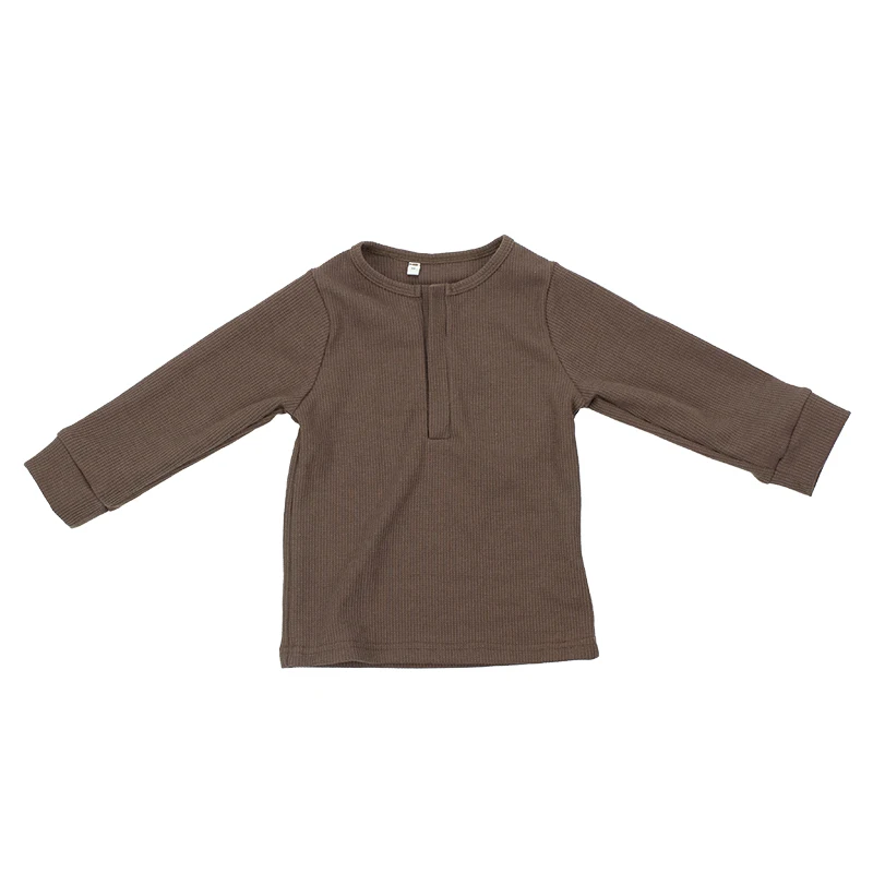 Лидер продаж с фабрики, Новое поступление, коричневая одежда для малышей, вафельные простые теплые Футболки с длинным рукавом для маленьких мальчиков