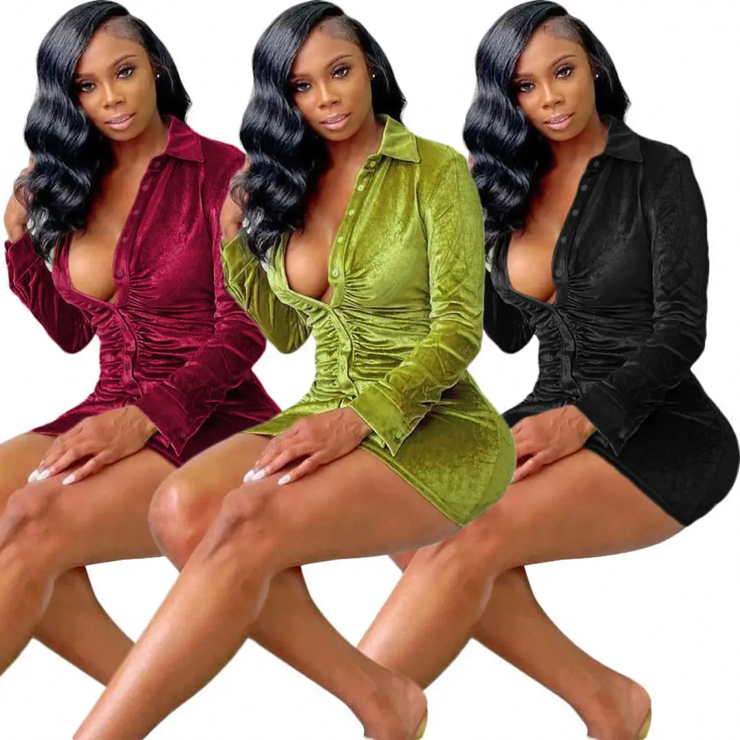 High Quality Winter Sexy Long Sleeve Velvet Maxi Dress Femm Clothes Casual Shirt Collar Fall Dresses For Women