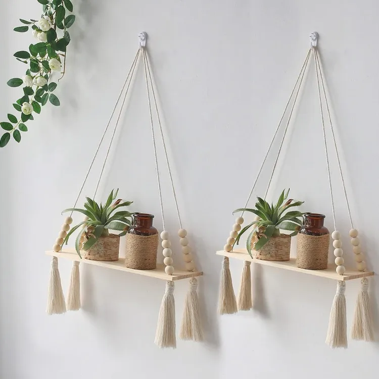 Wooden Wall Hanging Shelves Macrame Hanging Plant Shelf with Tassel