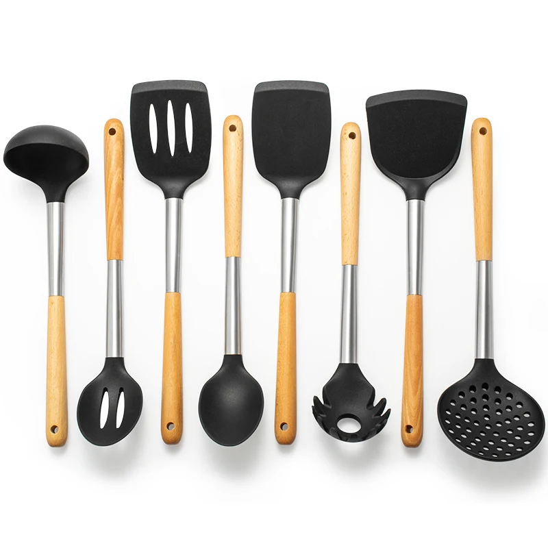 Heat resistant non-stick beech wood kitchen utensil set wooden handle silicone kitchen utensil set cooking tools stainless steel