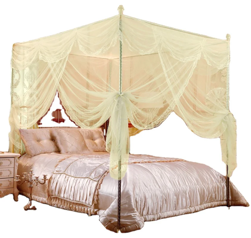 Yellow golden rectangular princess palace mosquito net for double bed with steel frame