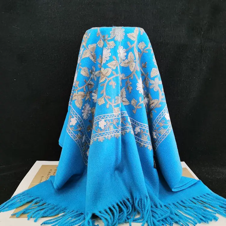 Luxury Ethnic Embroidered Pashmina Shawl Multicolored Hijab with Long Floral Design Fashionable Warm Cashmere Scarf Muslim Women