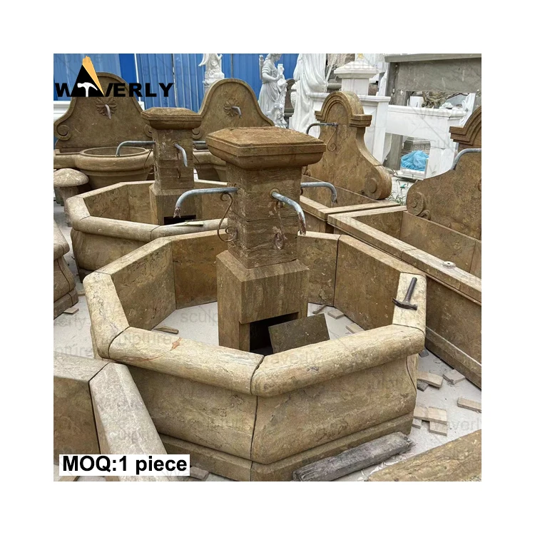 European Style Outdoor Garden Decoration Natural Stone Water Fountain Hand Carved Garden Landscape Travertine French Fountain