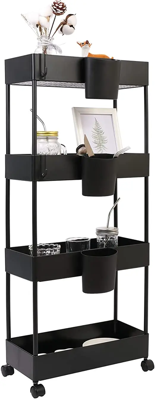 4-Tier Slim Rolling Utility Cart Storage Shelves Trolley Storage Organizer Shelving Rack  Mesh Baskets Wheel Casters
