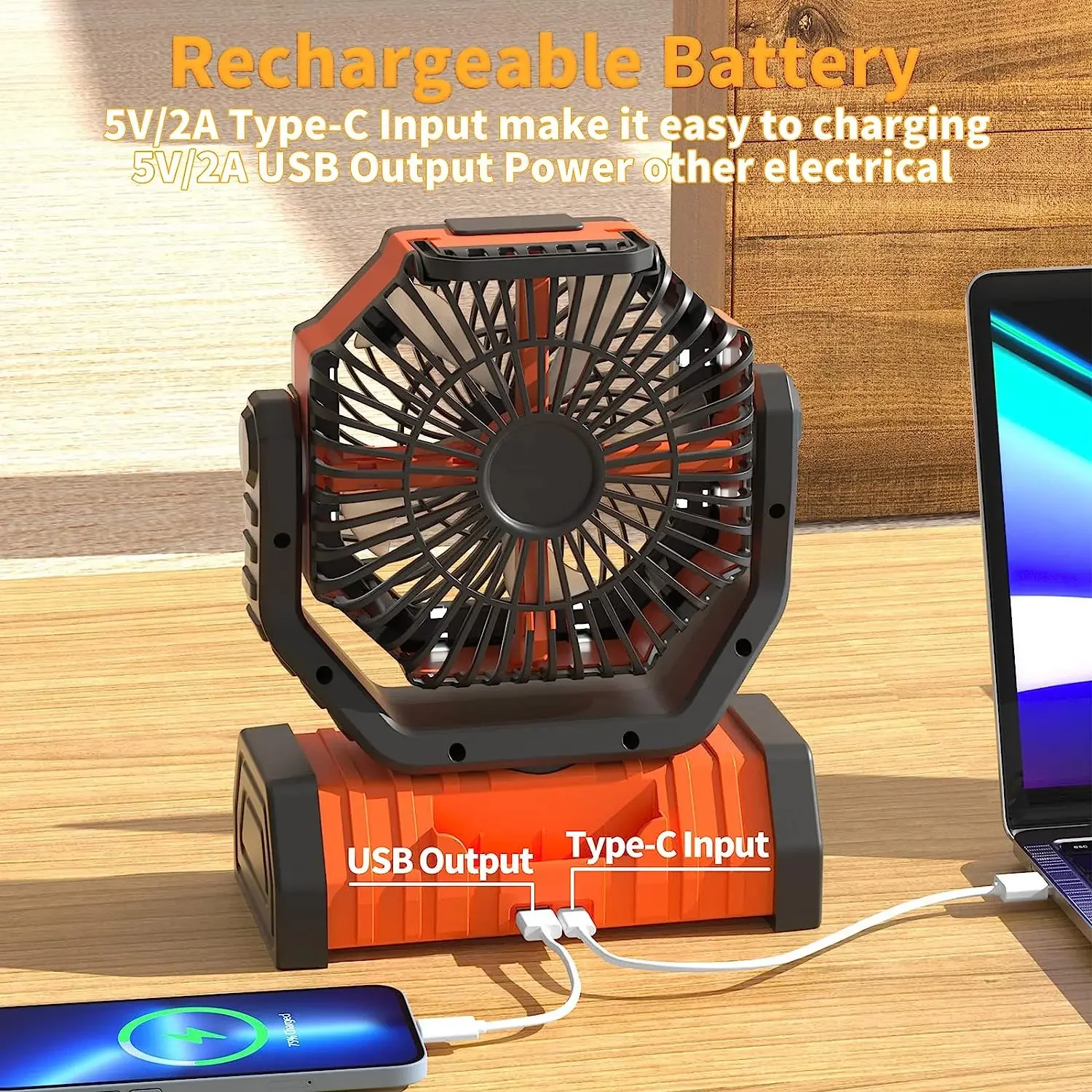 20000mAh Outdoor USB Rechargeable Portable Desk Camping Oscillating Fan with LED Lamp For Tent