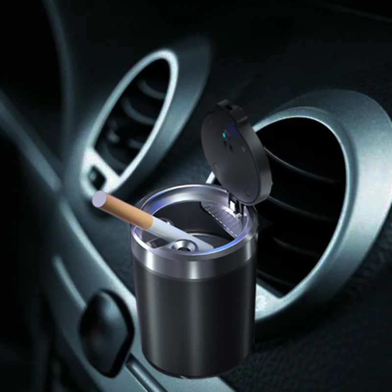 Multi-functional car interior accessories 2 in 1 aluminum ashtray round cigarette ashtray for cars with led automatic pop-up lid