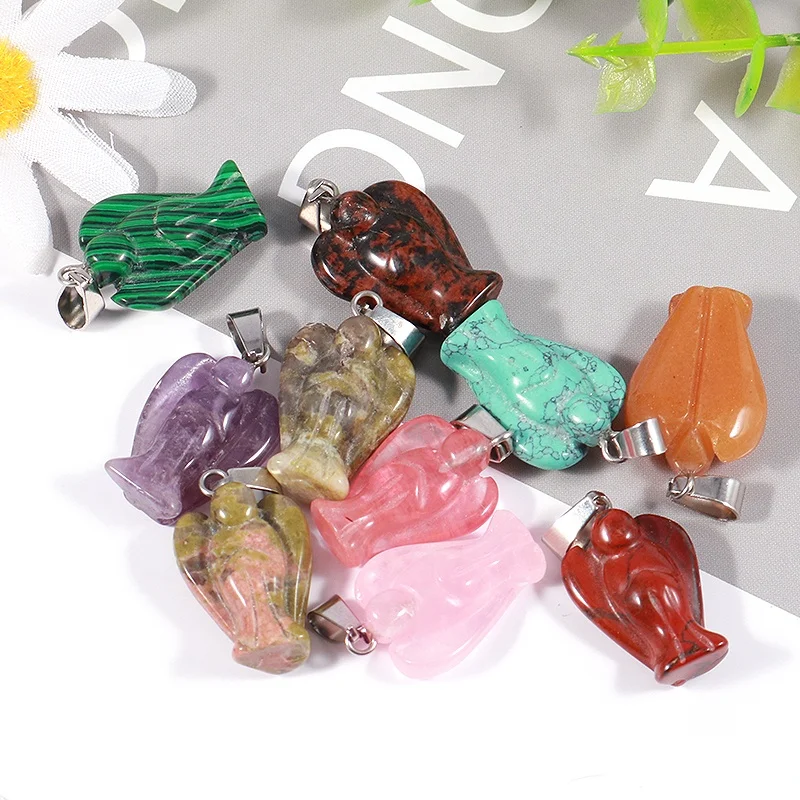 Charms 15*20mm Natural Crystal Gemstone Angel Pendant Mixed Carved Guardian Angel Statue Pendants for Jewelry Necklace