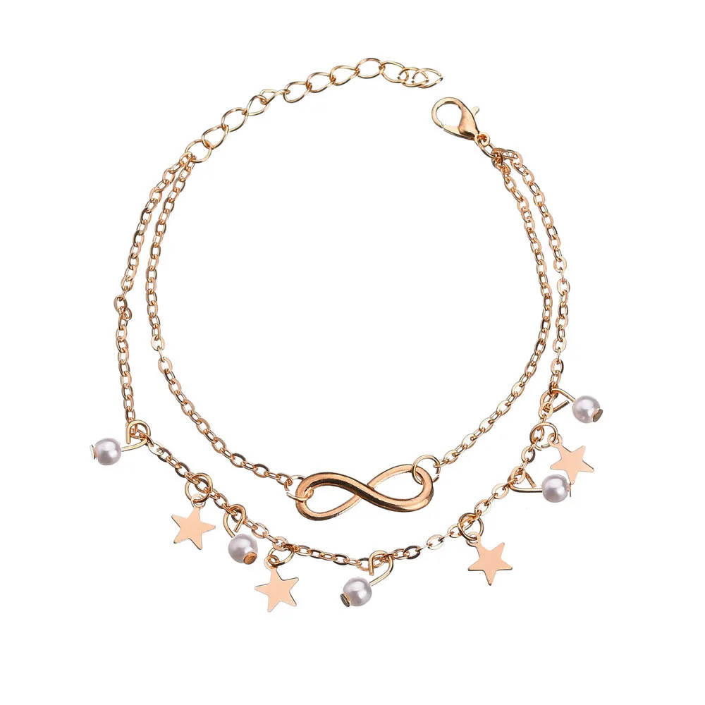 Boho Gold Color Star Infinity Anklets Fashion Multilayer Foot Chain New Simulated Pearl Anklet Bracelet for Women Beach Jewelry