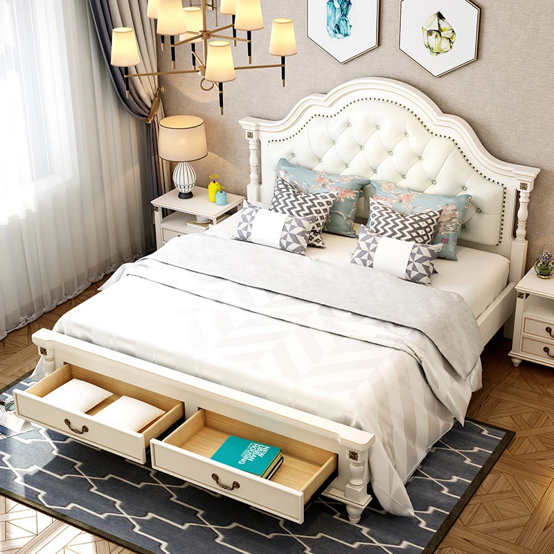 American Style Solid Wood High Box Storage Light Luxury Carved Bed Head Bedroom Furniture Set Double Bed