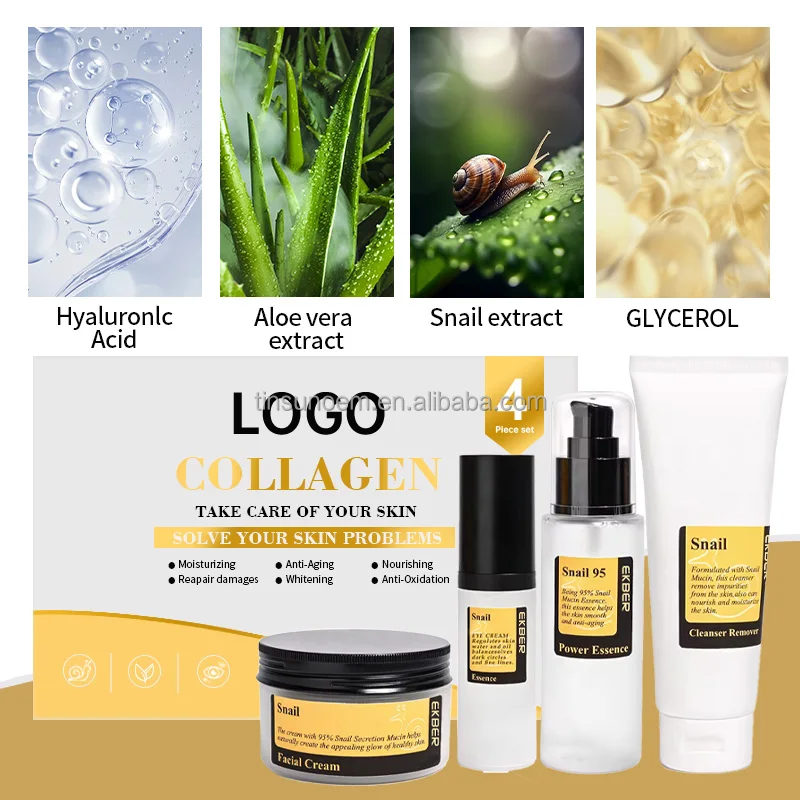 Private Label Korean Skin Care Set Anti Aging Snail Mucin Collagen Face Serum Cream Anti Aging Snail Skin Care Set
