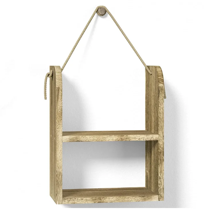 Manufacture rustic wooden 2 tier floating shelves wall mounted rope shelves
