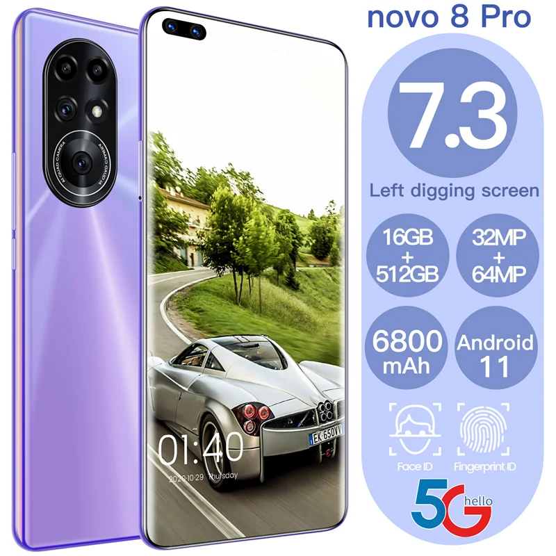 2022 Novo8 Pro Cellphone 7.3 Inch Big Screen RAM 16GB ROM 512GB 6800Mah Big Battery 5G Android Original Smart Mobile Phone