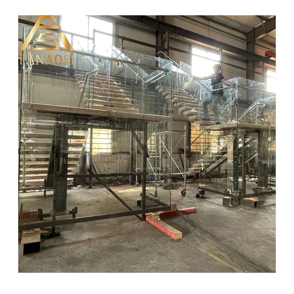 Indoor Steel Stringer Wood Step Straight Staircase With Glass Railing Design stairs