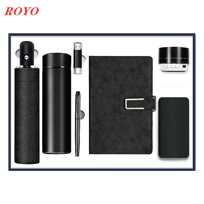 Elegant wedding notebook giftset umbrella gift set with bottle and usb drive and pen 7 in 1 power bank giftset with bt speaker