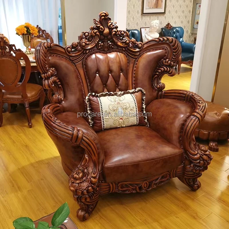 Factory direct luxury hand carved furniture leather European style living room antique sofa