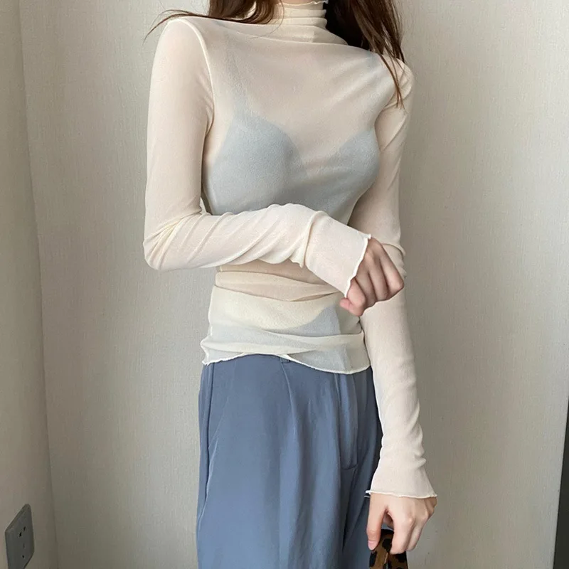 Underlay shirt for women, new layered long sleeved transparent mesh top