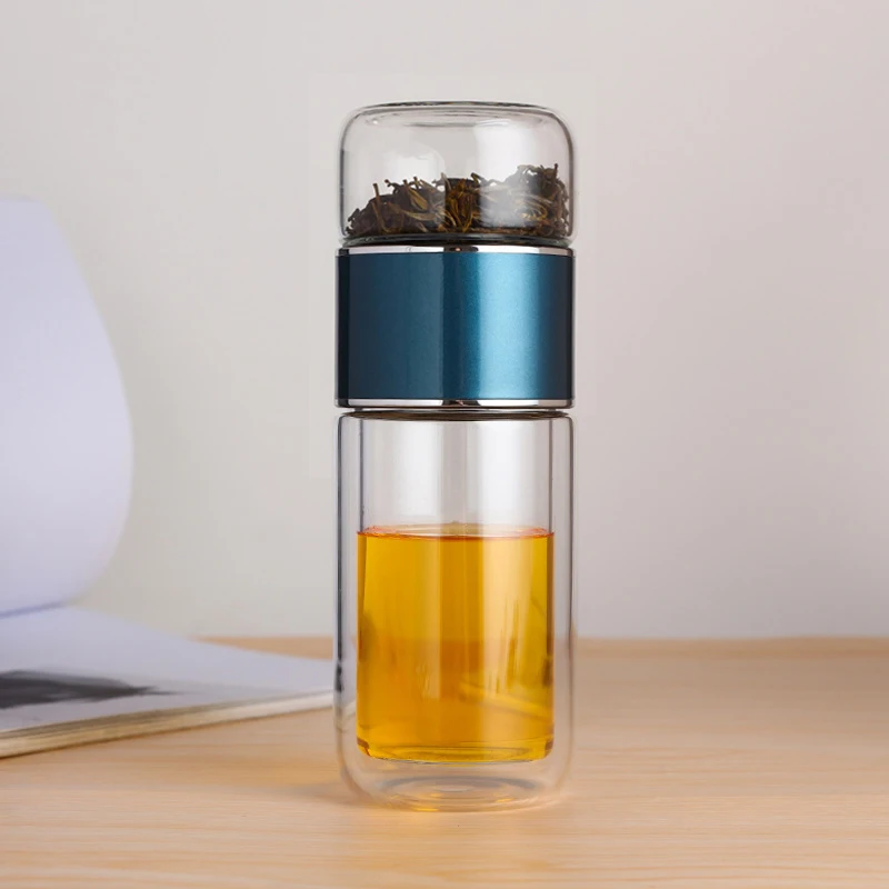 7oz High Borosilicate Glass Tea Infuse Water Bottle Double Layer Glass Tea Water Bottle with Strainer