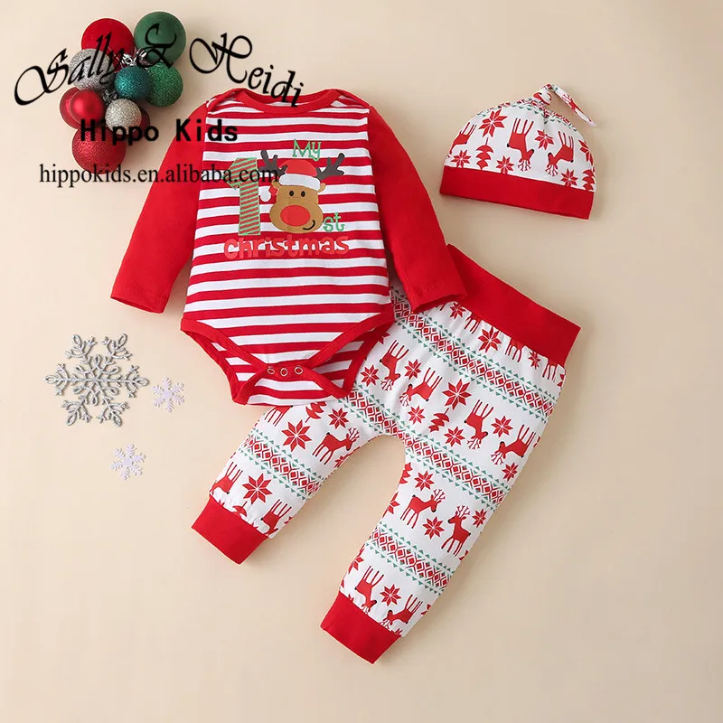 New design hot sale new born baby my first Christmas romper baby 3pcs jump suit