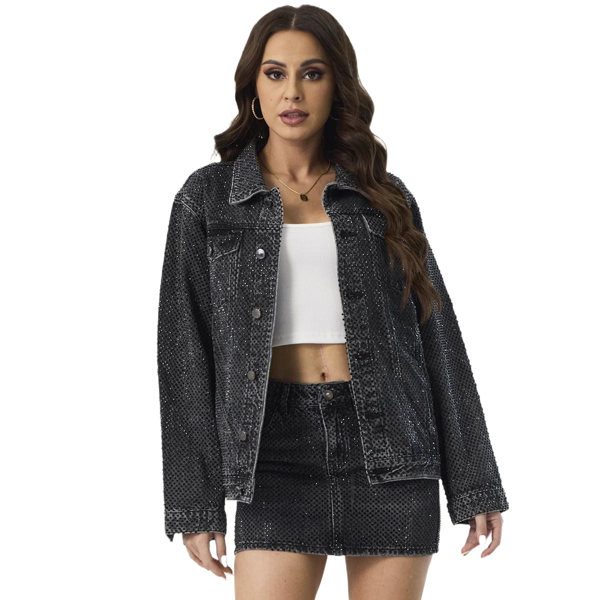 Customized Rhinestone Black Denim Jacket for Ladies Mini Skirts Fashion Design Denim Set Women Two Piece Outfits