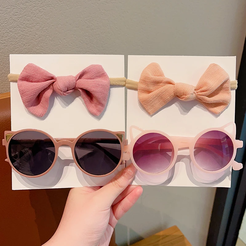 Low Price 2Pcs/Set Sunglasses With elastic hair bands Nylon Baby Headband Cat Eye Sun Glasses Kids Puff Bow Headwear