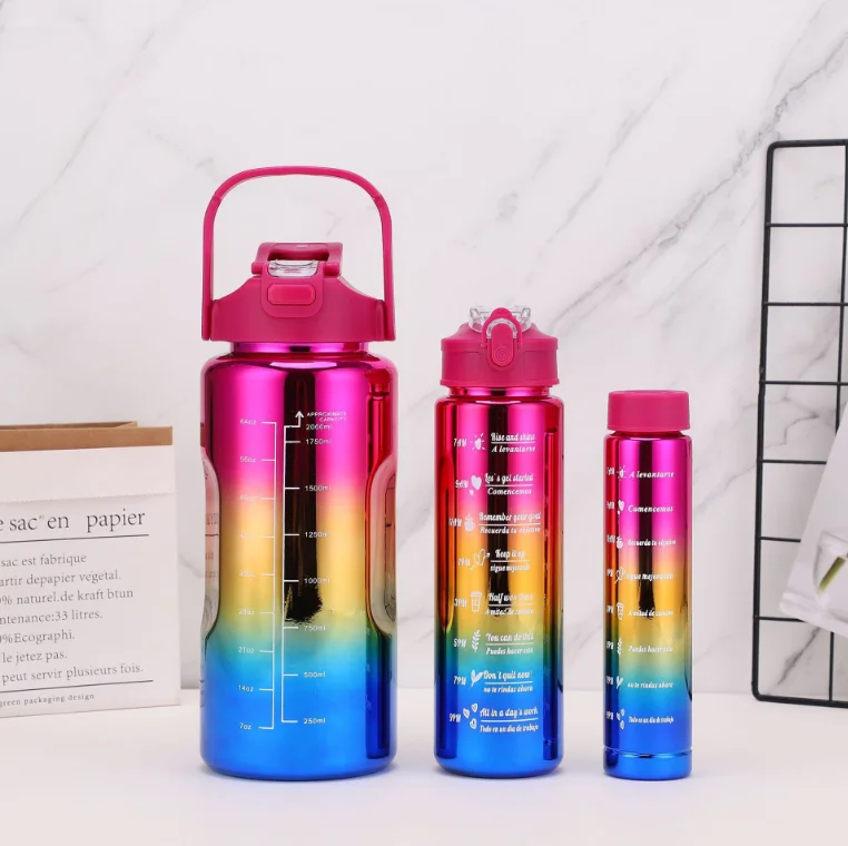 Leak Proof 3 Pcs In 1 Set 2L Half Gallon Time Marker Direct Drinking Plastic Sport Gym Water Bottles Set Of 3 With Straw