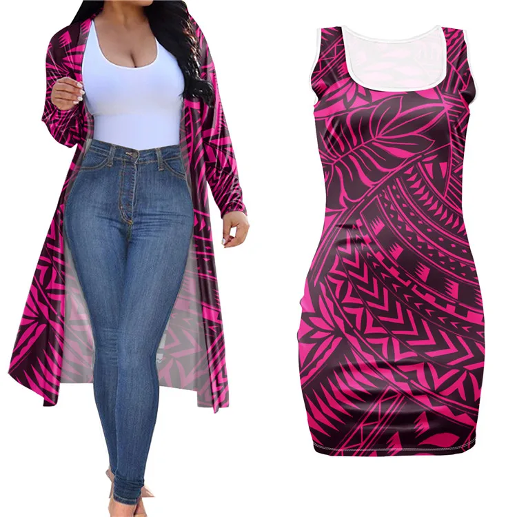 Newest Women Set Tribal Polynesian Custom Print 2 Piece Set Outfit Women Clothing Short Bodycon Dress With Long Coat Plus Size