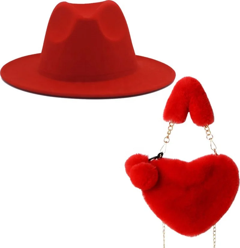 M20030 soft plush fur heart clutch shaped faux purse chain shoulder bags for women fedora matching set