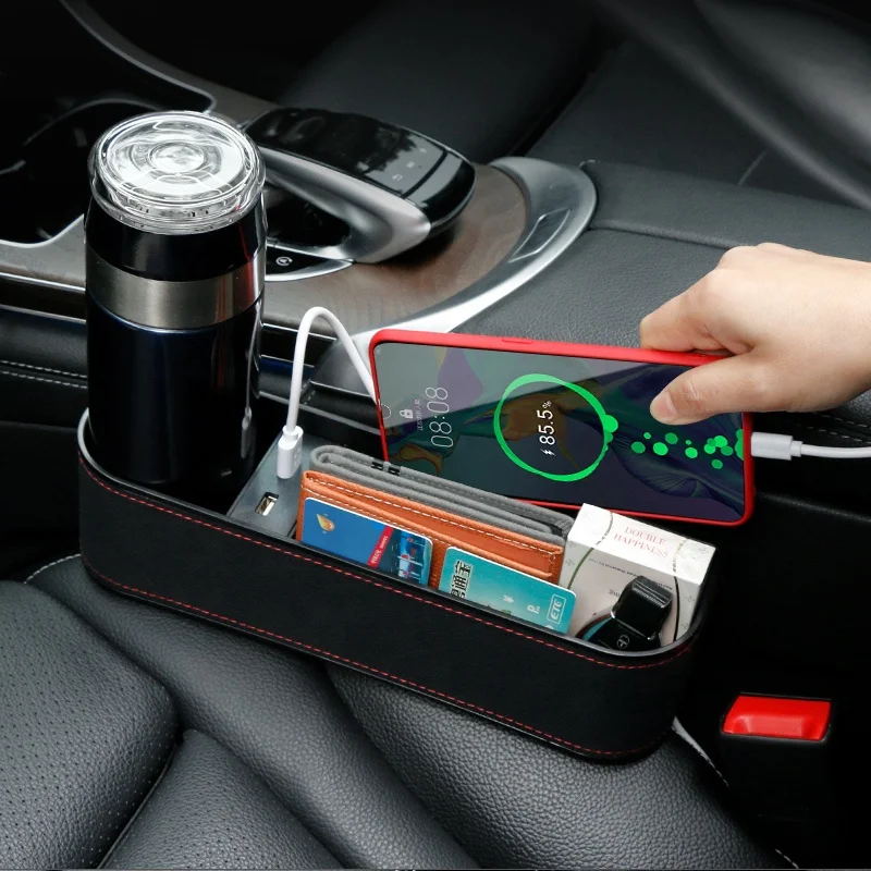 Leather Car Seat Side Gap Organizer Box with Dual USB Interface and Cup Holder