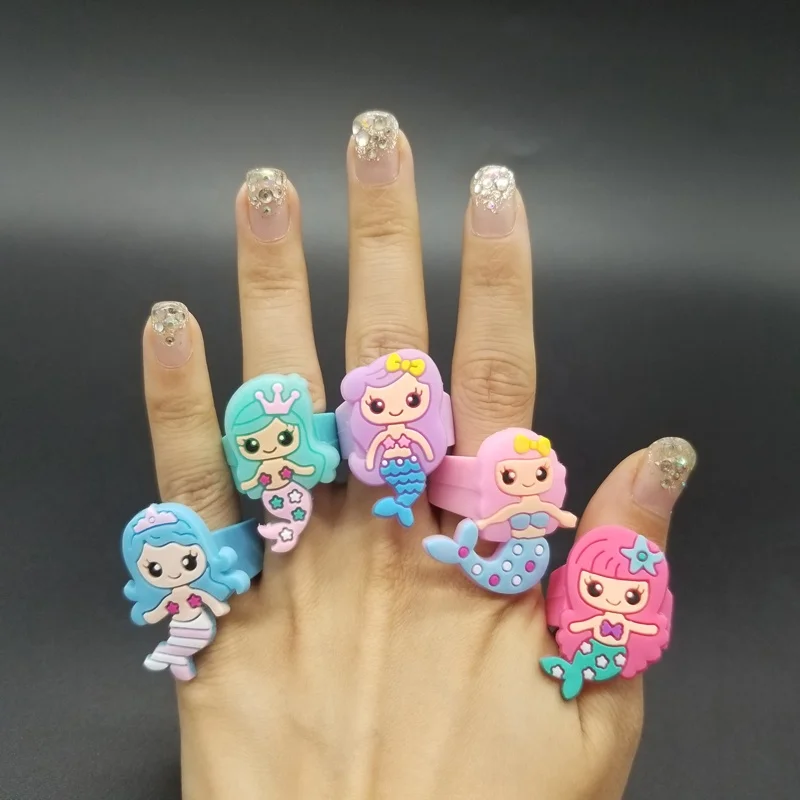 Wholesale Hot Selling Fashion 3D Soft Silicone Multicolor Cute Mermaid Plastic Soft Beautiful PVC Rings for Toys