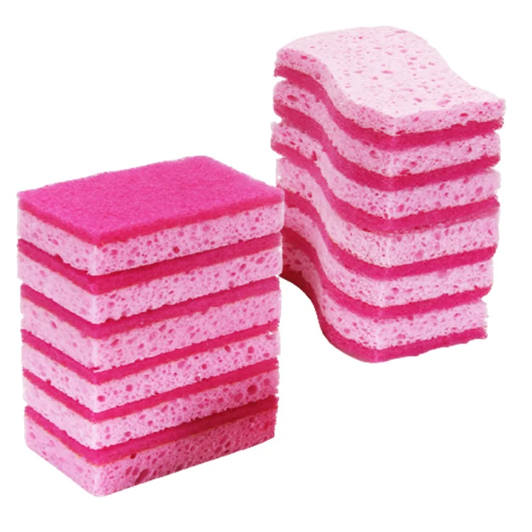 Topeco Hot Selling Pink Wood Pulp Biodegradable Kitchen Cleaning Cellulose Sponge Scrub With Scouring Pad