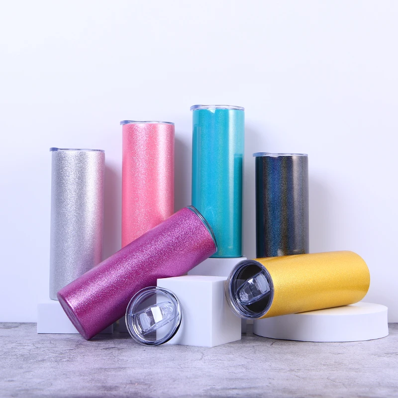 USA Warehouse Wholesale White Sublimation Blanks Rainbow Glitter 20oz 30oz Stainless Steel Double Wall Skinny Straight tumbler