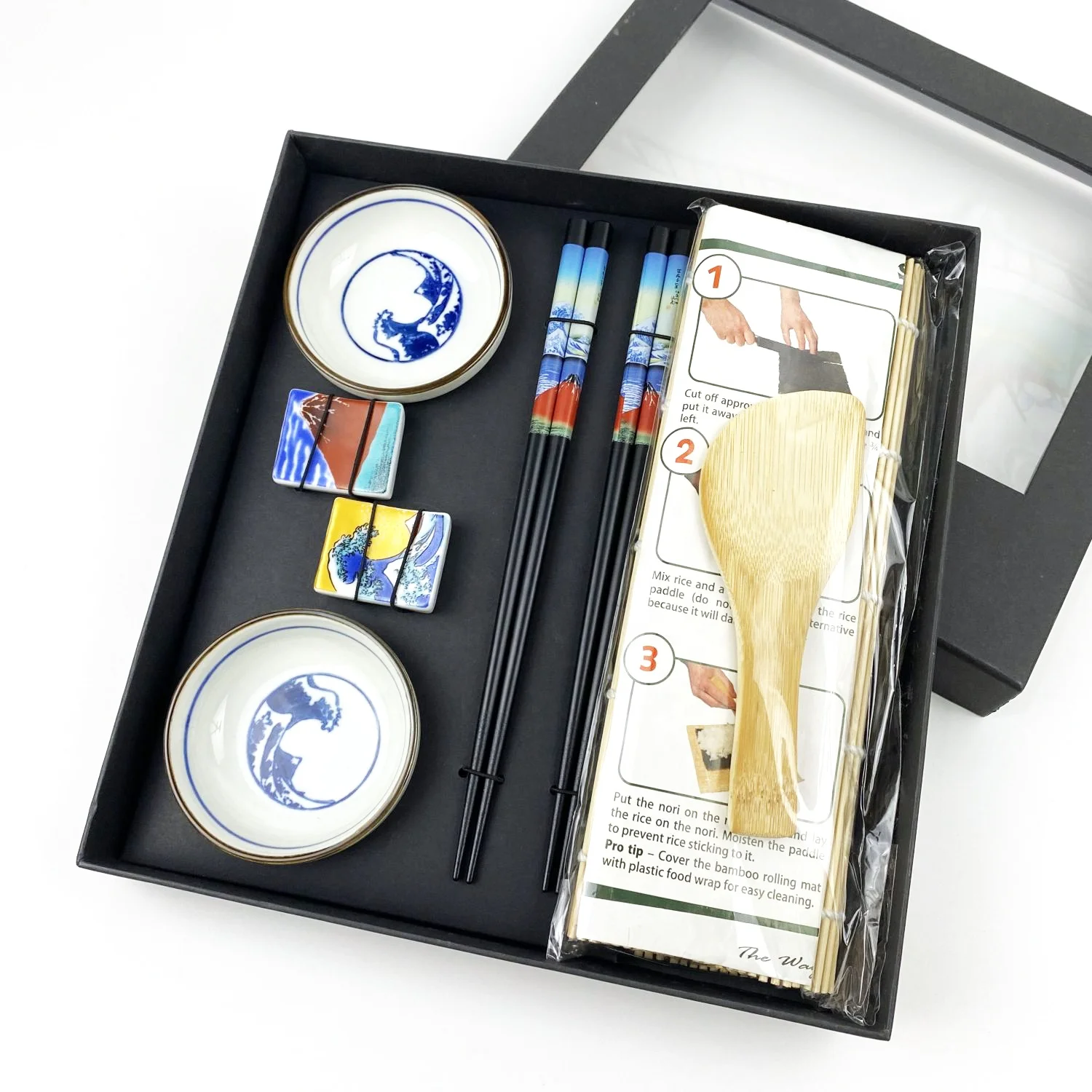 Newly Japanese fujiyama sushi bamboo mats 8pcs ceramic custom dish  dinnerware sushi plates set with chopsticks