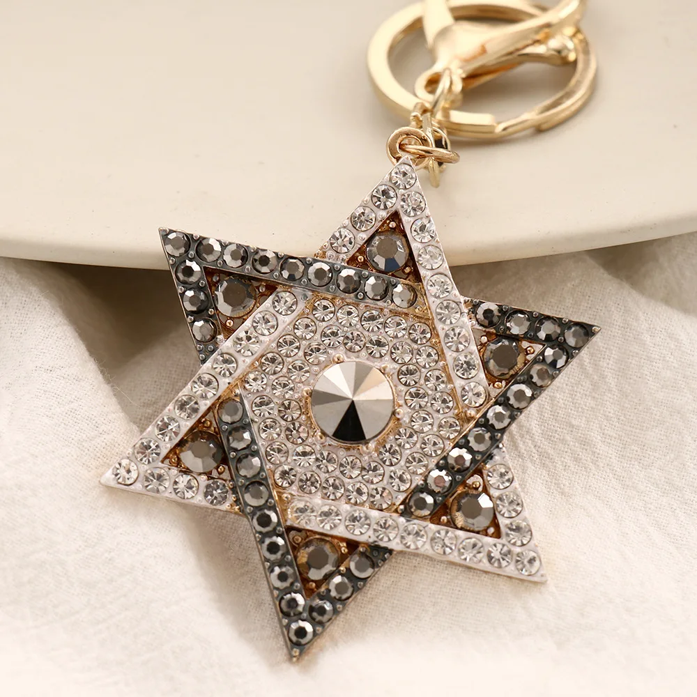 David Star Keychain Jewish Six Star Key Ring Metal Diamond Jewelry Hanukkah Festival Hang Chain Gift