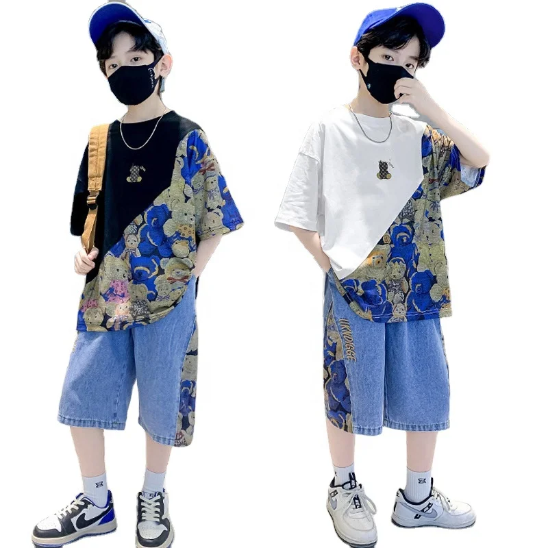 Summer Fashion Clothing Sets 2pcs Short Sleeves T-shirt and Jeans Shorts Suit for 13-14 Years Old Teen Child Kids Boys
