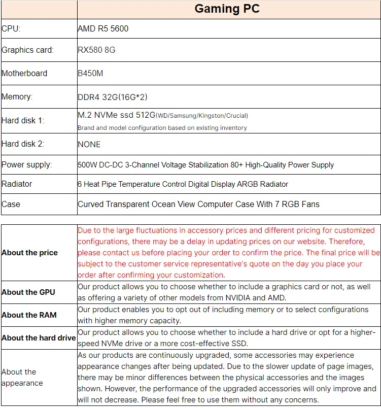 R5 5600 AMD RX 580 8G DDR4 RGB B450 motherboard AM4 full gaming pc CUSTOM computer set equipment desktops wholesale build pc
