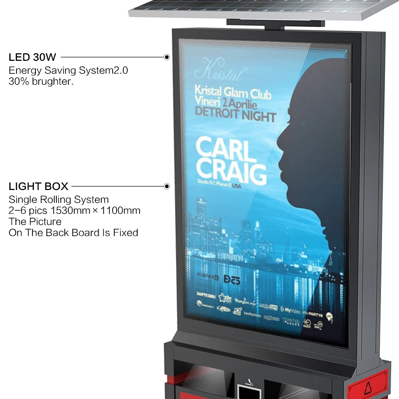 Double Sides Scrolling Picture Advertising Light Box with Trash Can, Street Side Solar Power Recycle Bin