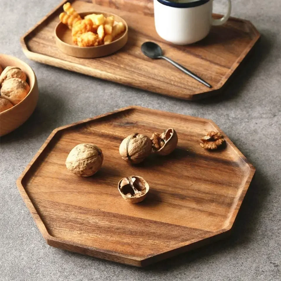 JUNJI  Wooden Octagon Square Trays Serving Bread Plates Wooden Serving Tray breakfast tray