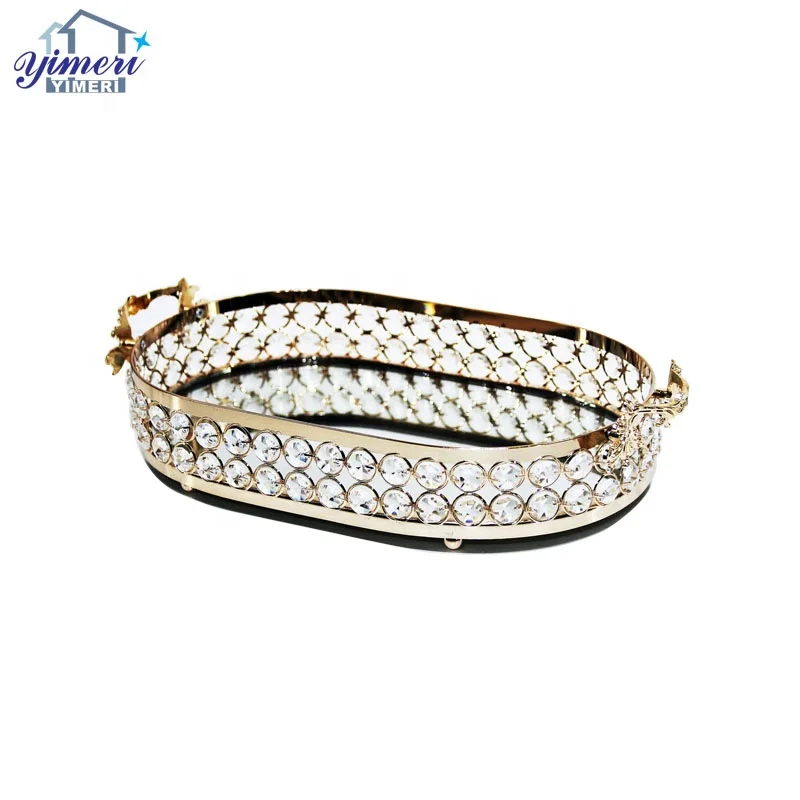 luxury communion modern crystal oval large golden dessert bread cake tray for breakfast with metal handle
