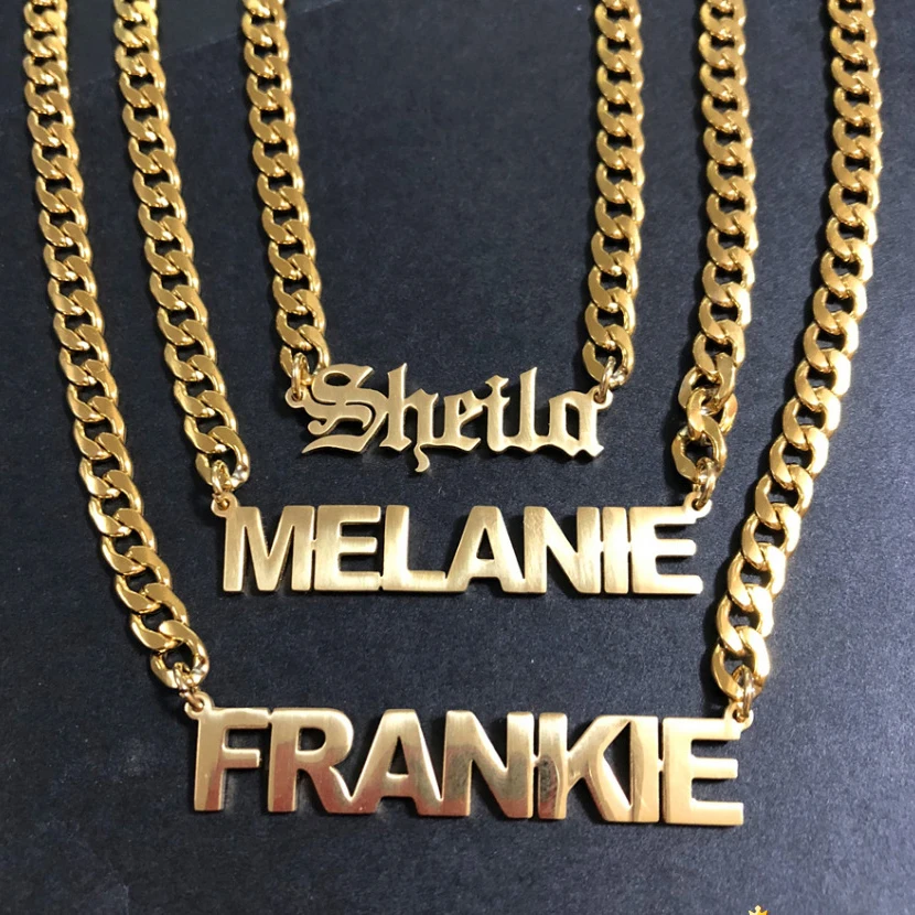 Custom Name Personalized Letter Necklaces Stainless Steel Flat Cuban Chain Link Gold Pendant Necklace for Women