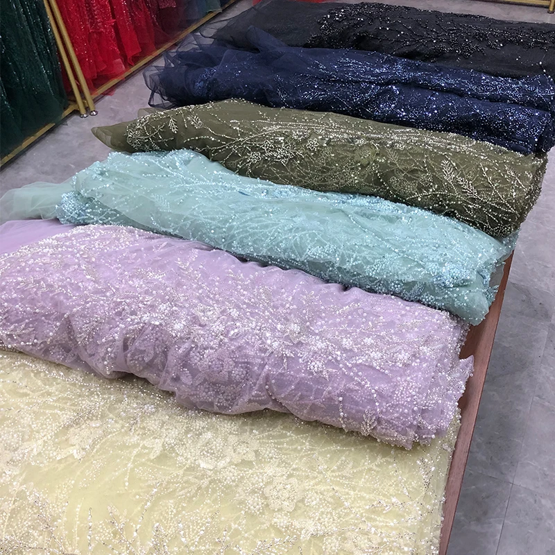 Heavy Industry Bead Embroidery Veil Lace Mesh Fabric Evening Gown Wedding Dress Fabric WS-4091